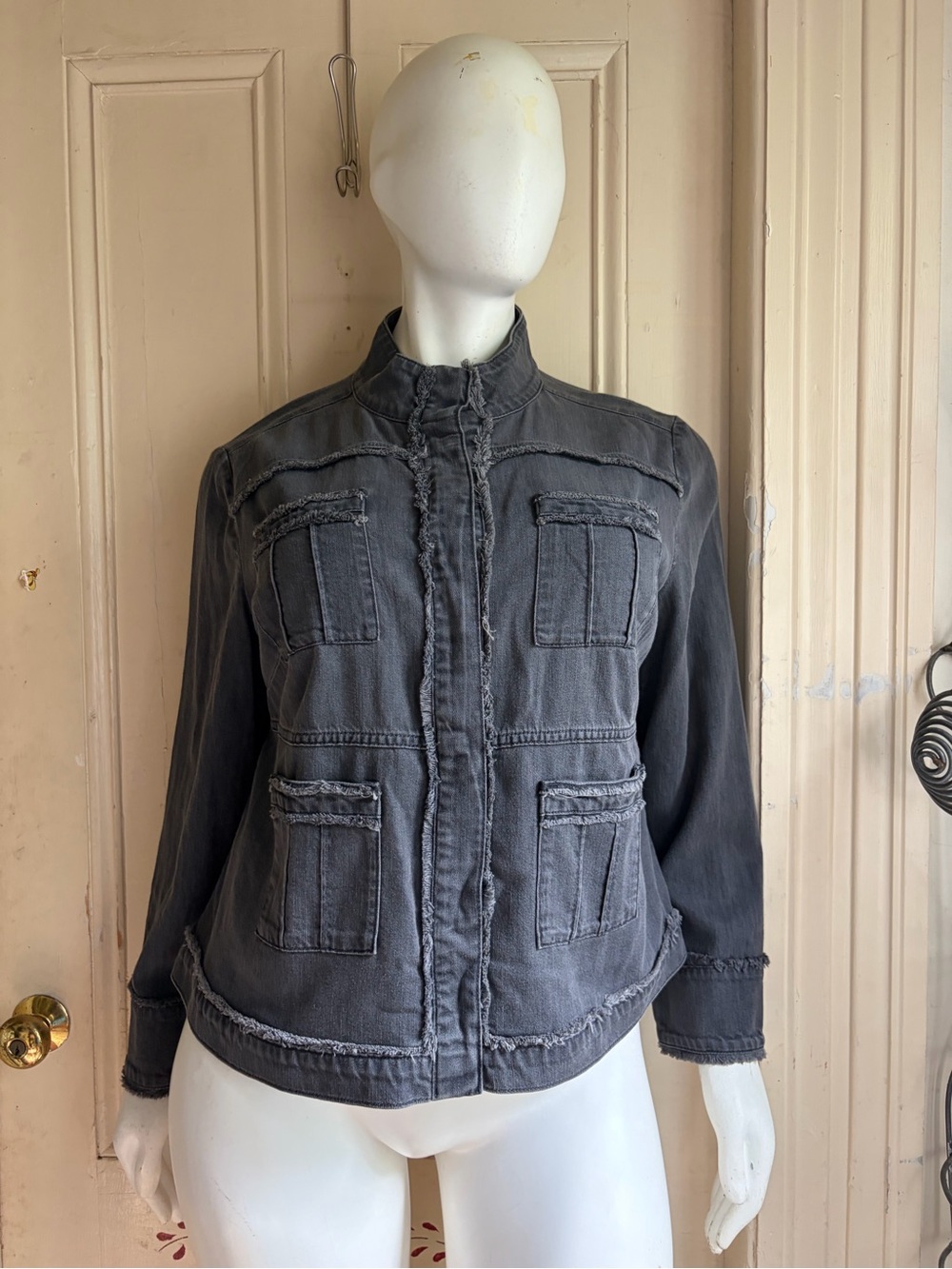 NWT J. Jill Washed Charcoal Frayed-Trim Utility Jacket